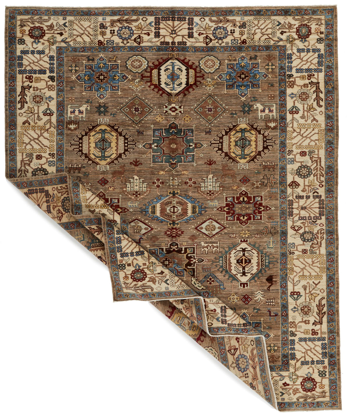 8x10 Ivory and Brown Kazak Tribal Rug