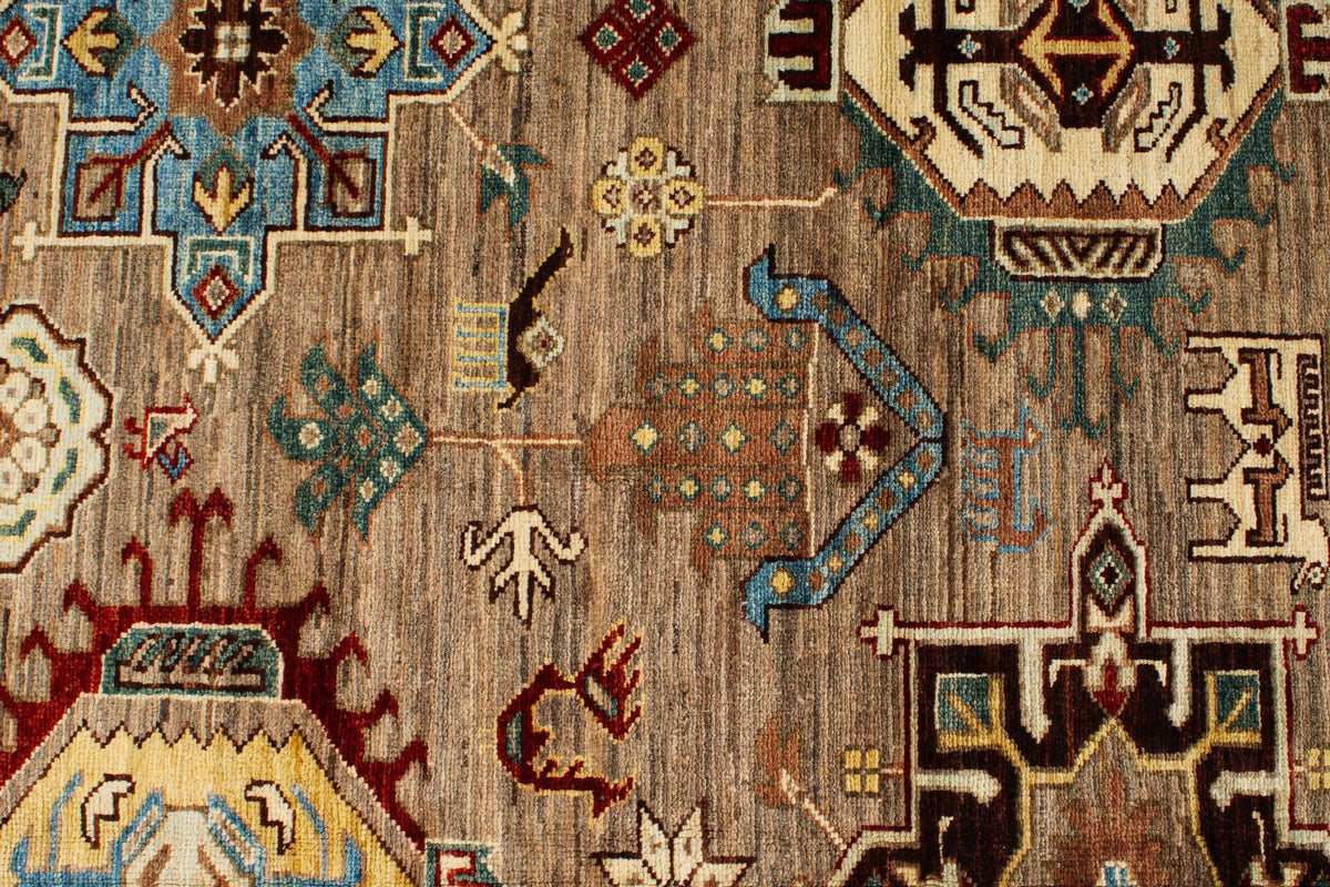 8x10 Ivory and Brown Kazak Tribal Rug