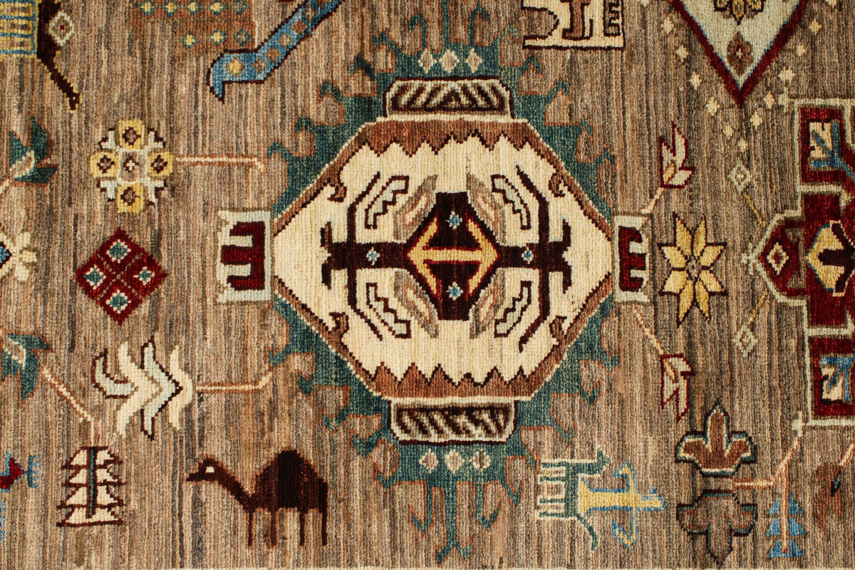 8x10 Ivory and Brown Kazak Tribal Rug