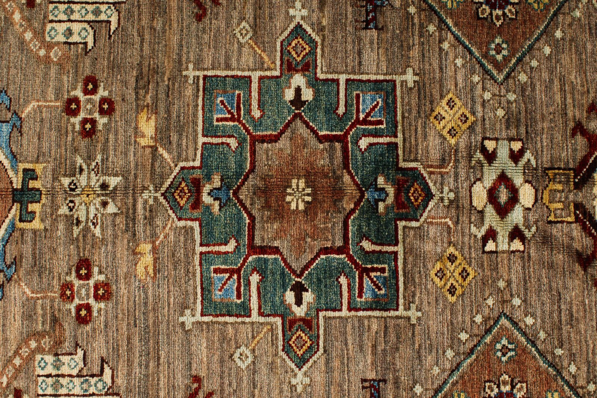 8x10 Ivory and Brown Kazak Tribal Rug