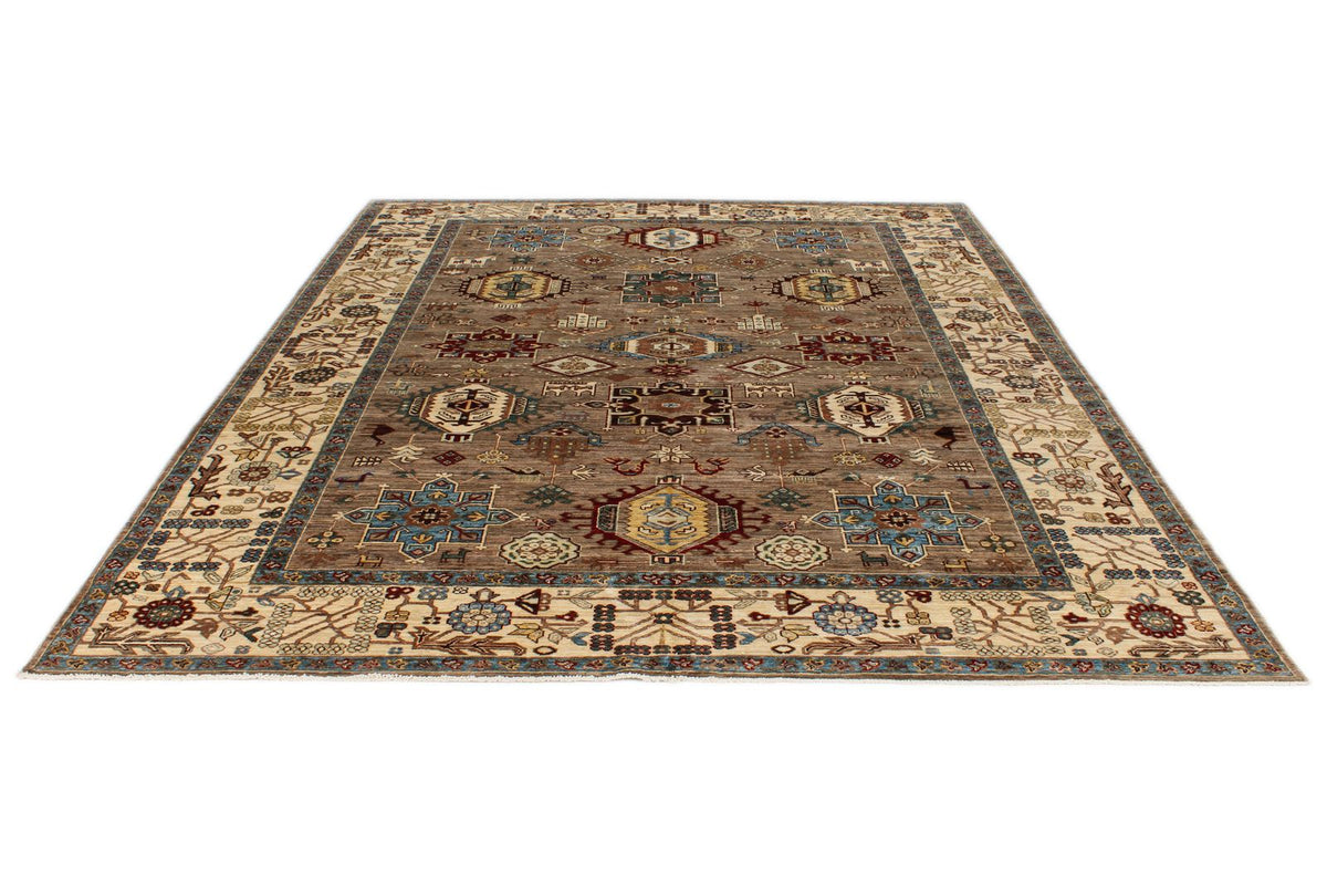 8x10 Ivory and Brown Kazak Tribal Rug