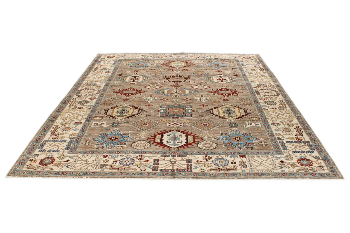8x10 Ivory and Brown Kazak Tribal Rug