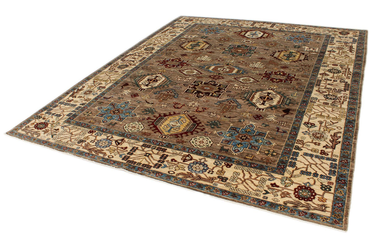 8x10 Ivory and Brown Kazak Tribal Rug
