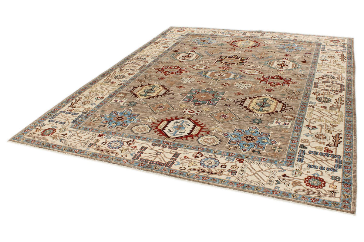 8x10 Ivory and Brown Kazak Tribal Rug