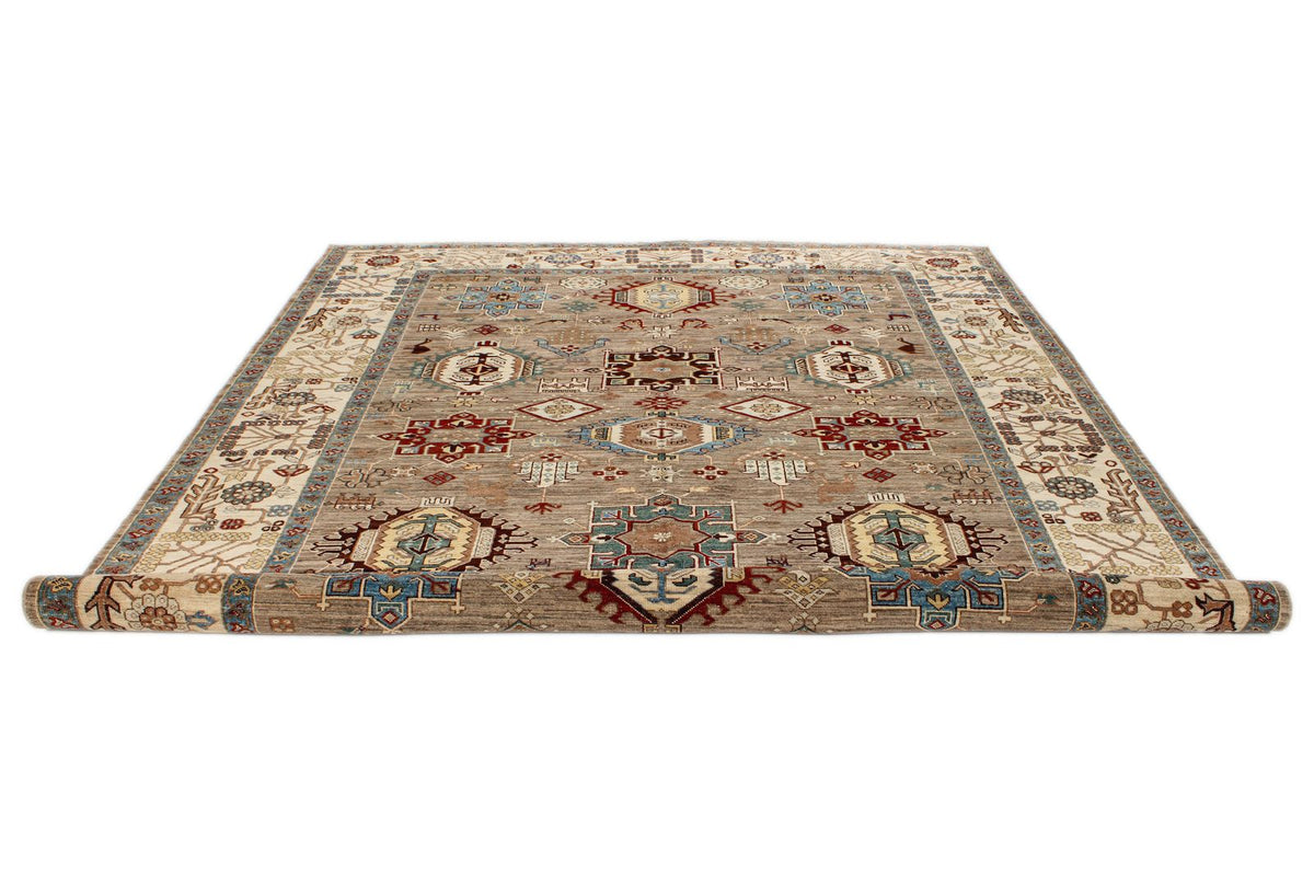 8x10 Ivory and Brown Kazak Tribal Rug