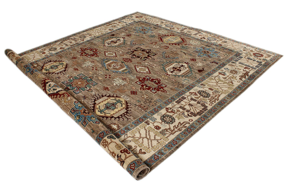 8x10 Ivory and Brown Kazak Tribal Rug