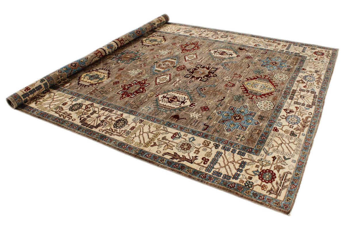 8x10 Ivory and Brown Kazak Tribal Rug