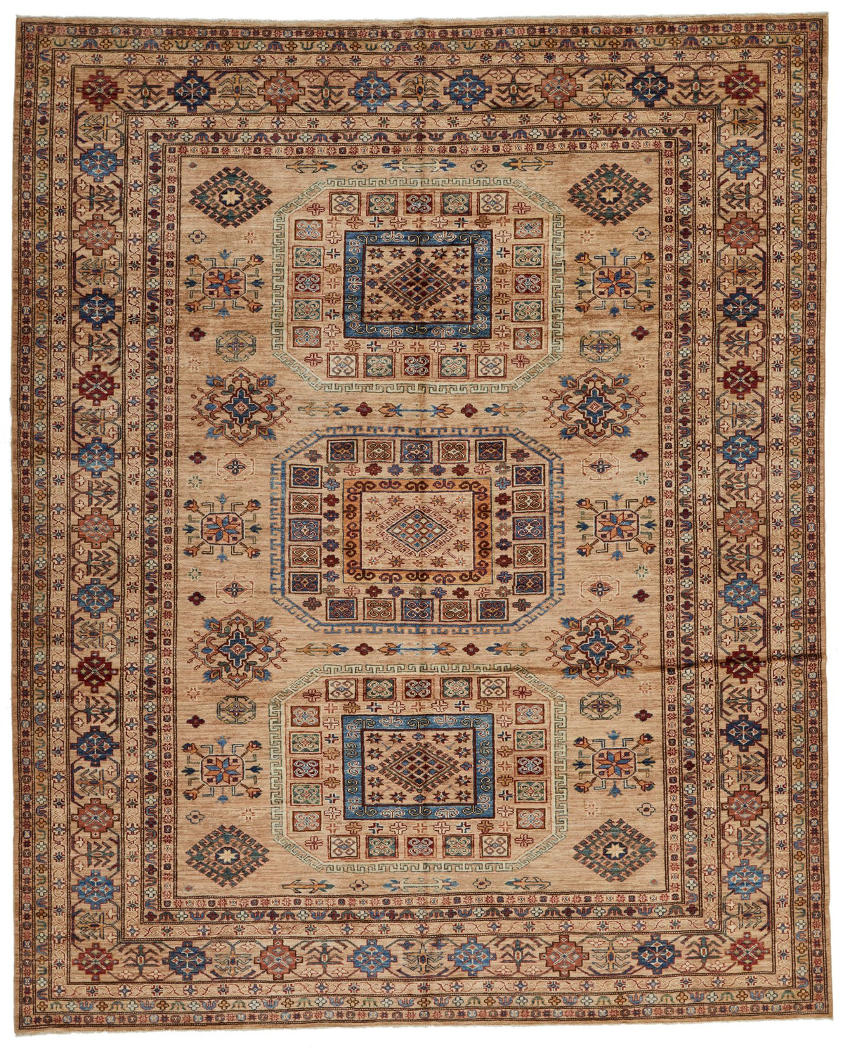 8x10 Ivory and Multicolor Kazak Tribal Rug