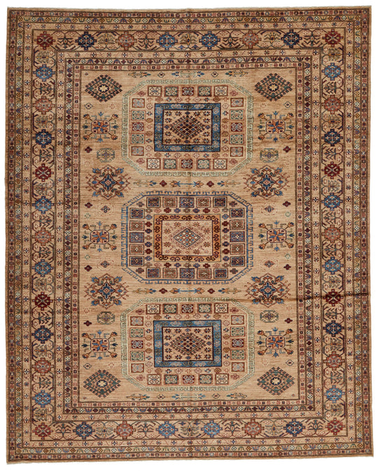 8x10 Ivory and Multicolor Kazak Tribal Rug