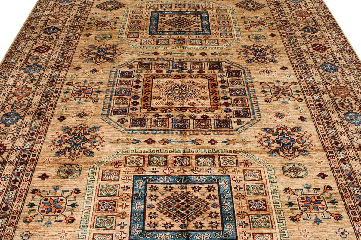 8x10 Ivory and Multicolor Kazak Tribal Rug