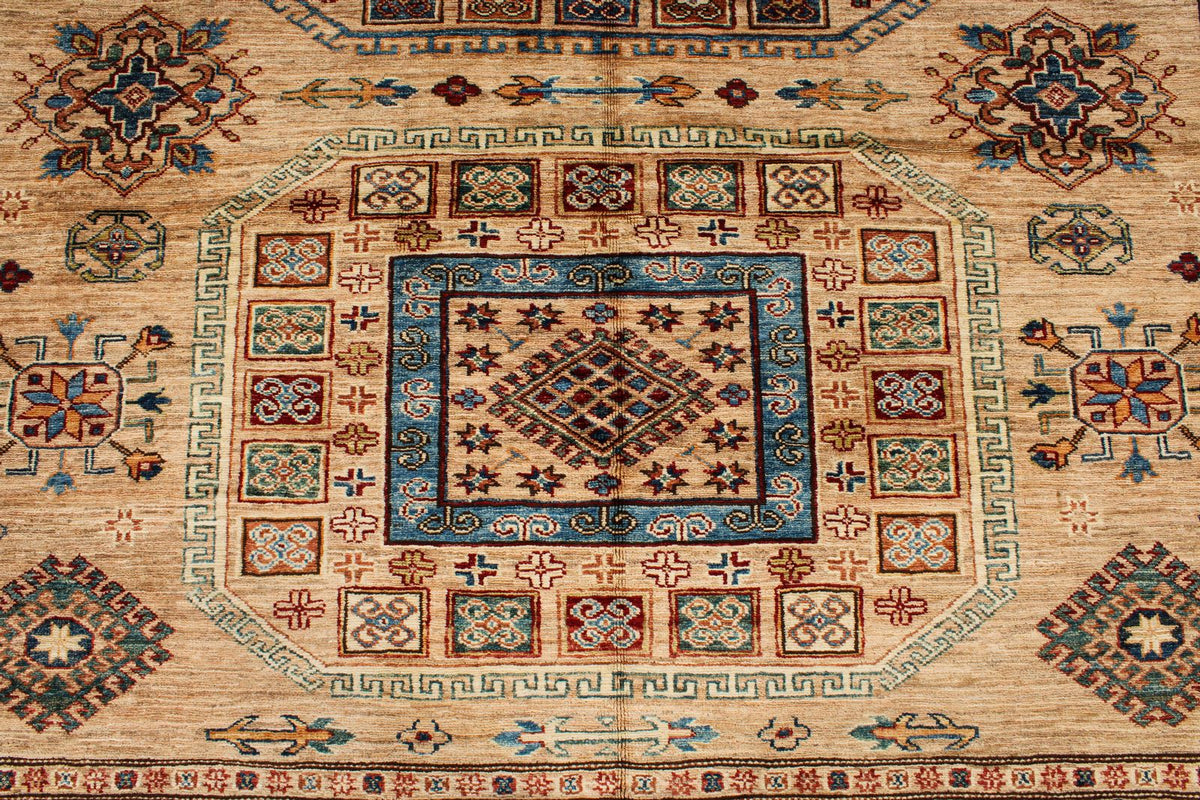 8x10 Ivory and Multicolor Kazak Tribal Rug