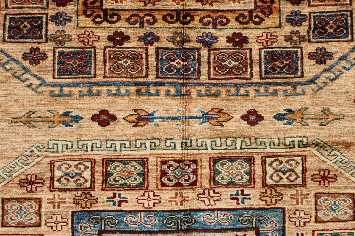 8x10 Ivory and Multicolor Kazak Tribal Rug