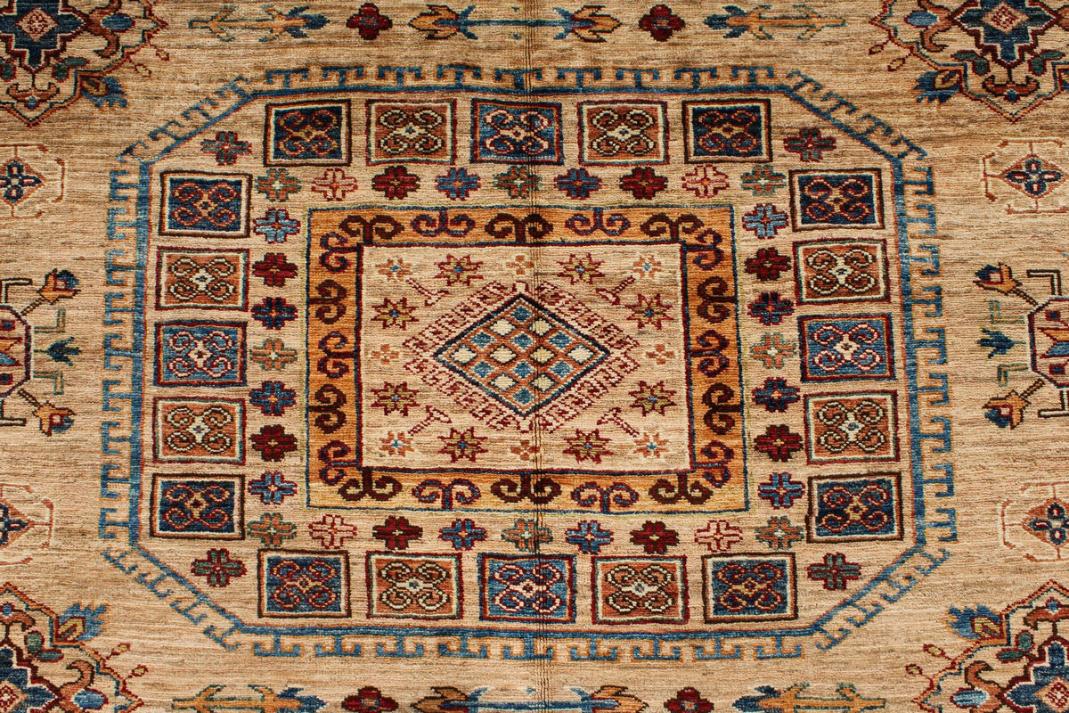 8x10 Ivory and Multicolor Kazak Tribal Rug