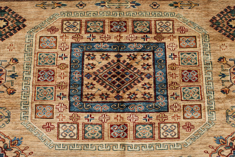 8x10 Ivory and Multicolor Kazak Tribal Rug