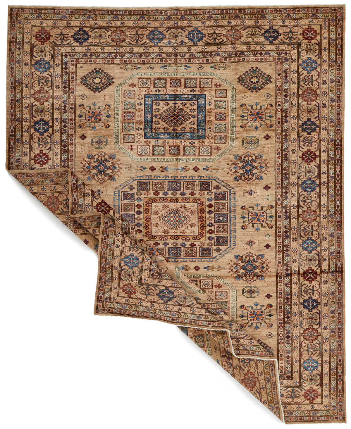 8x10 Ivory and Multicolor Kazak Tribal Rug