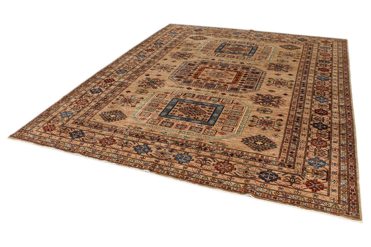 8x10 Ivory and Multicolor Kazak Tribal Rug