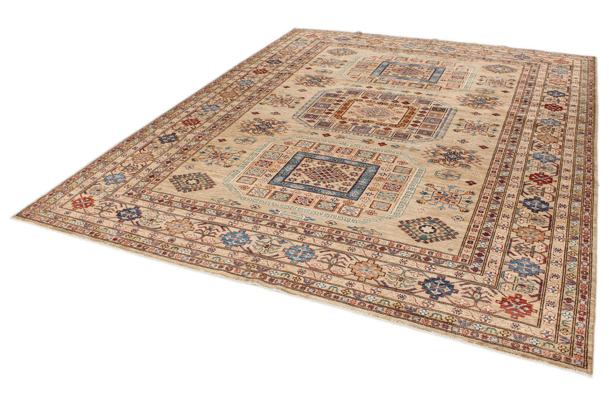 8x10 Ivory and Multicolor Kazak Tribal Rug