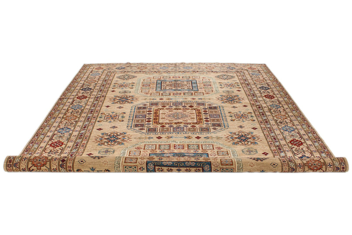 8x10 Ivory and Multicolor Kazak Tribal Rug