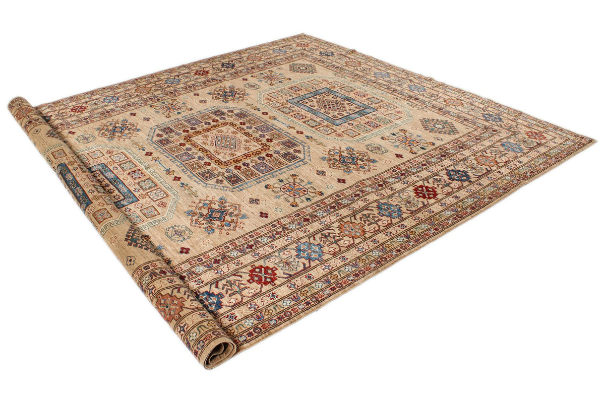 8x10 Ivory and Multicolor Kazak Tribal Rug