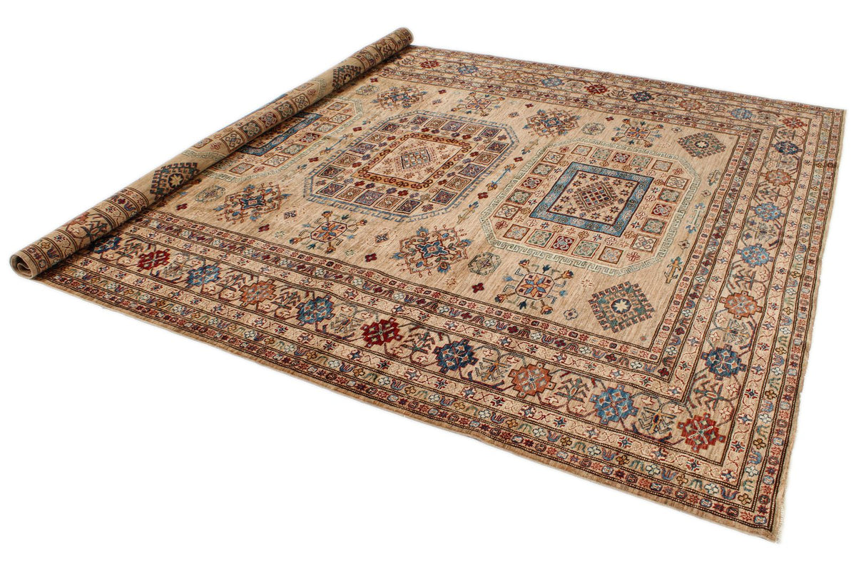 8x10 Ivory and Multicolor Kazak Tribal Rug