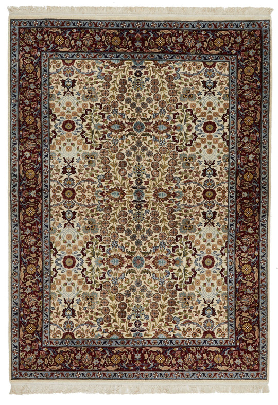 5x7 Ivory and Red Turkish Silk Rug