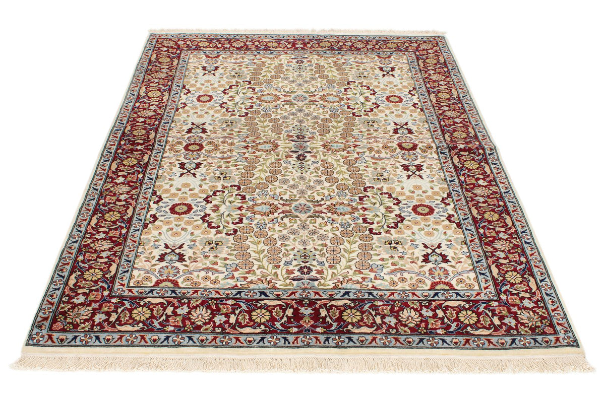 5x7 Ivory and Red Turkish Silk Rug