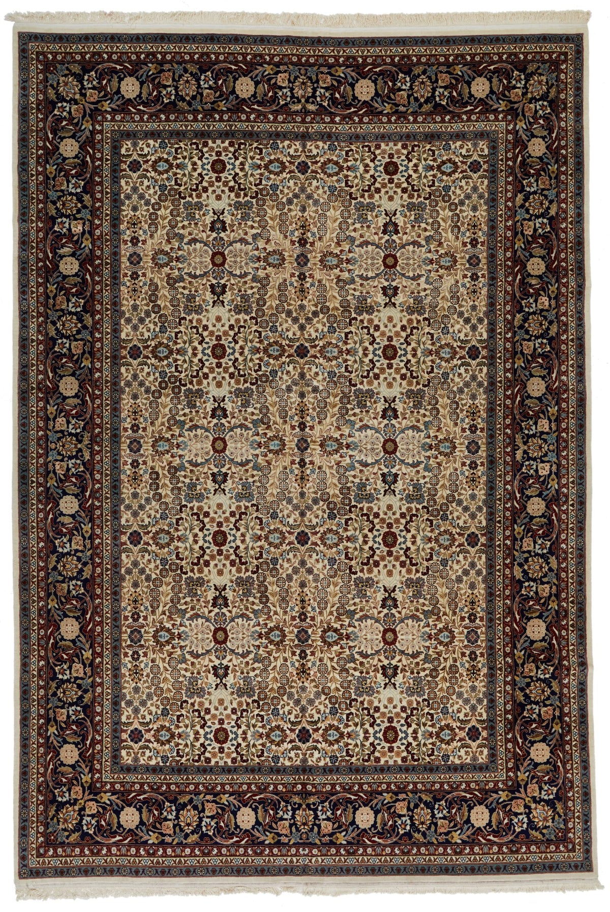 8x10 Ivory and Navy Turkish Silk Rug