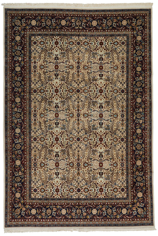 8x10 Ivory and Navy Turkish Silk Rug