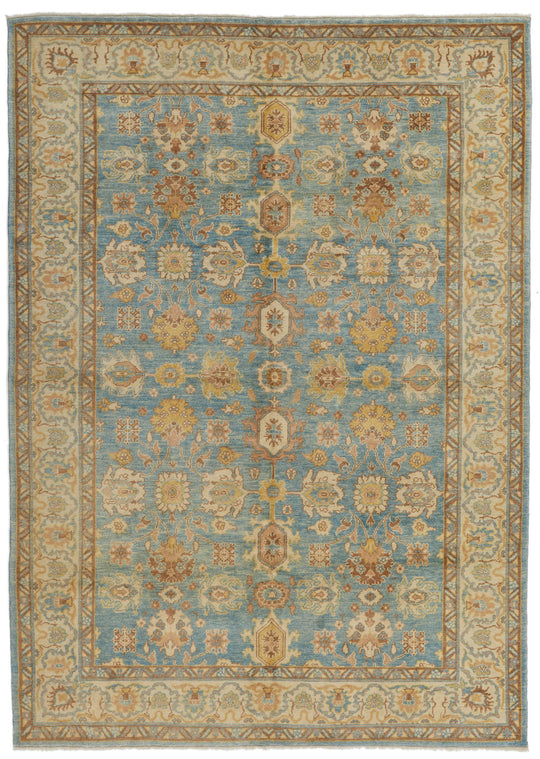 6x9 Blue and Ivory Turkish Oushak Rug