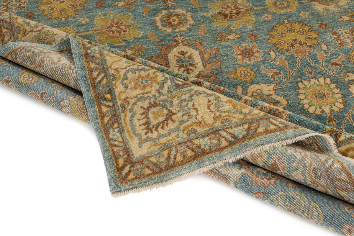 6x9 Blue and Ivory Turkish Oushak Rug