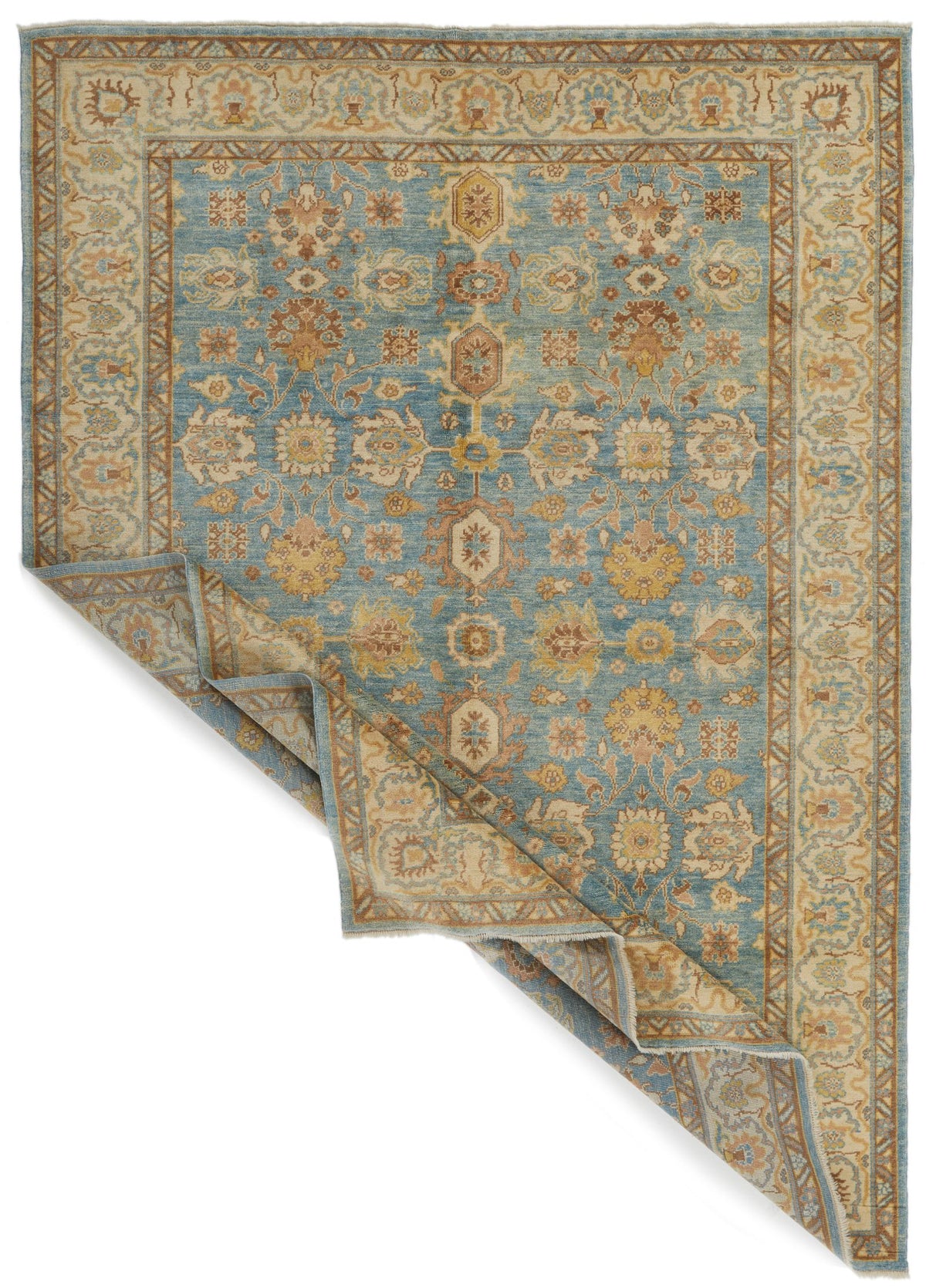 6x9 Blue and Ivory Turkish Oushak Rug