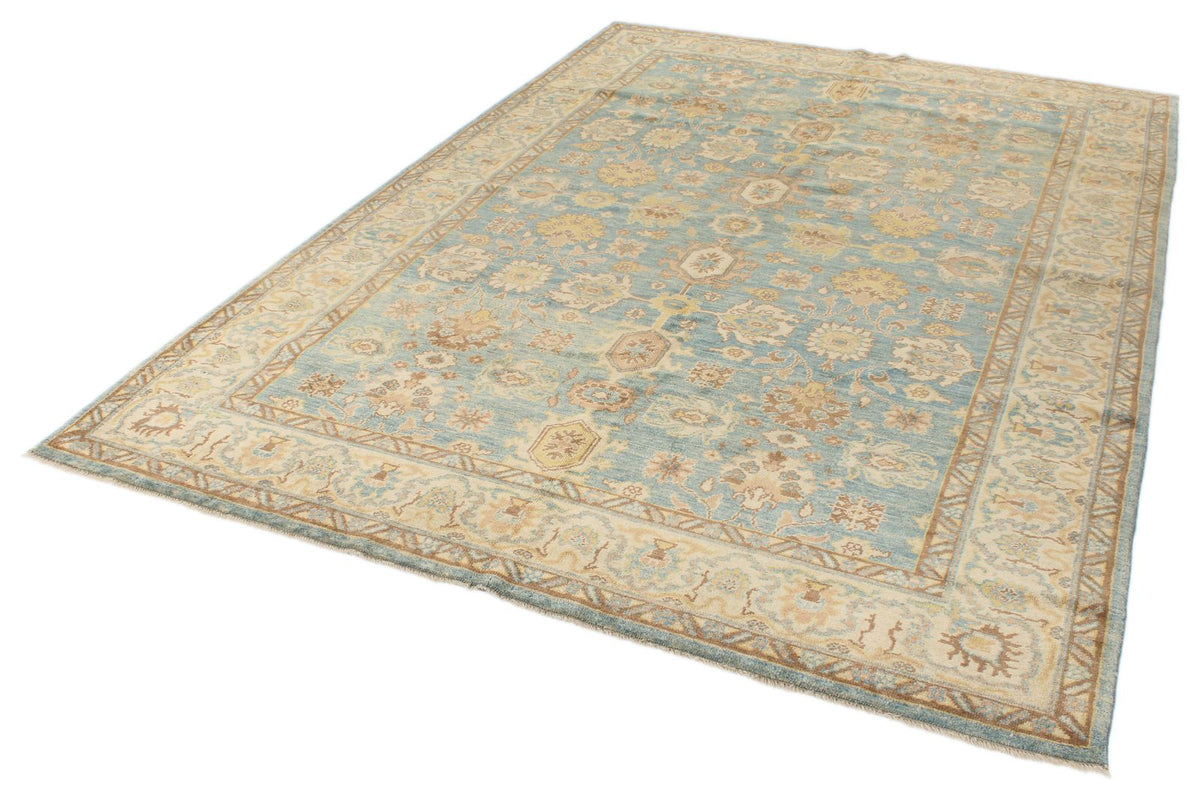 6x9 Blue and Ivory Turkish Oushak Rug