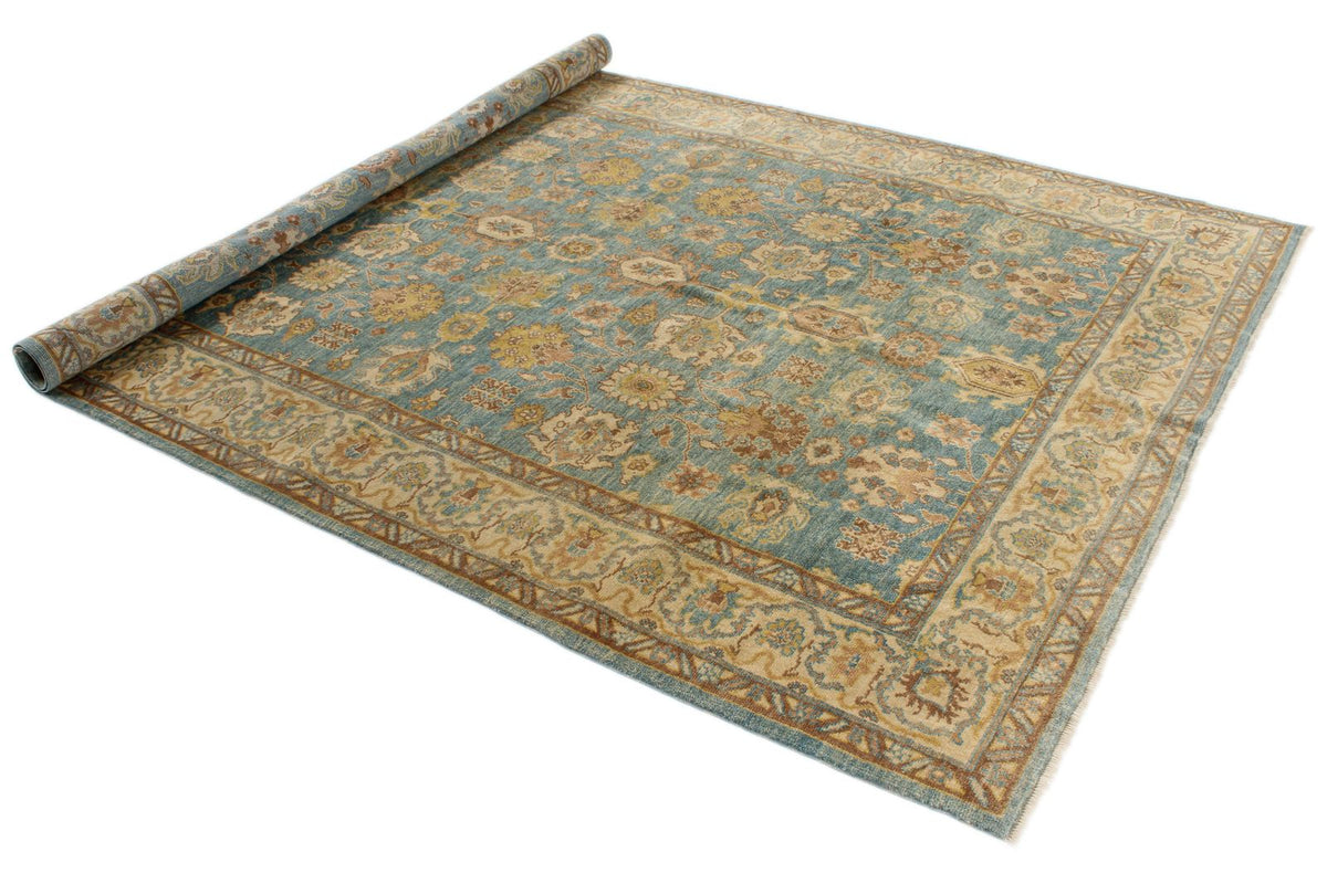 6x9 Blue and Ivory Turkish Oushak Rug