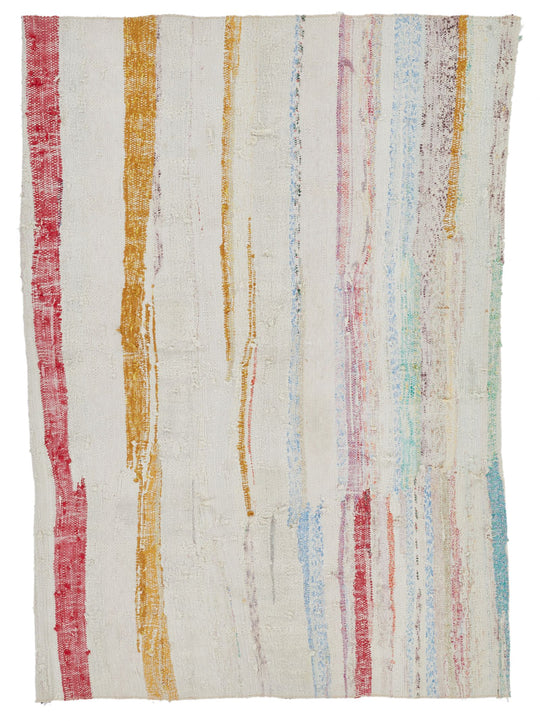 4x5 White and Multicolor Turkish Tribal Rug