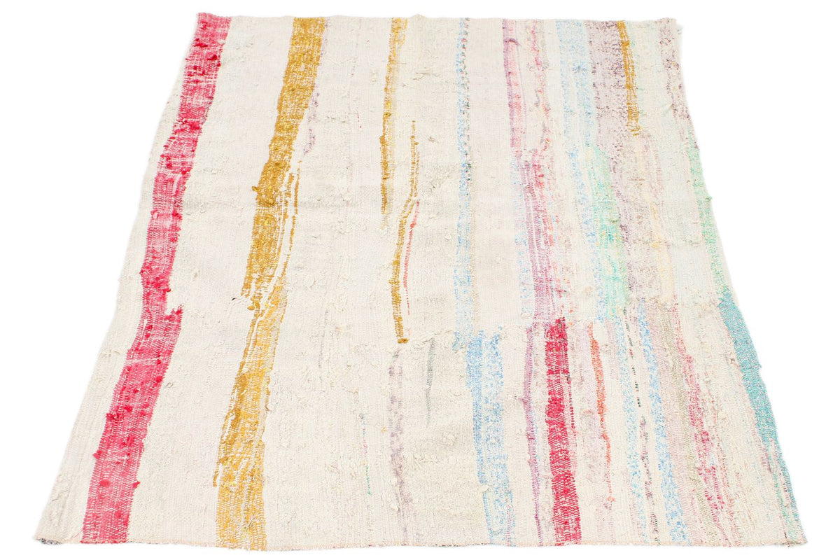 4x5 White and Multicolor Turkish Tribal Rug