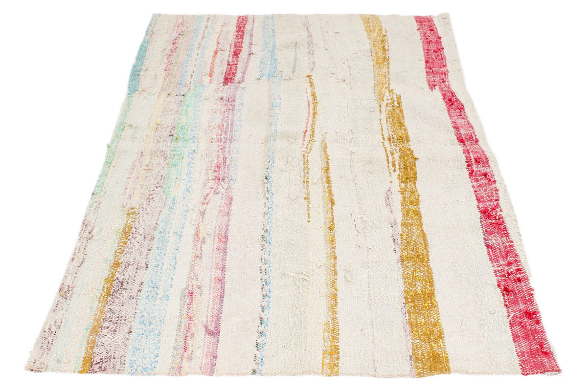 4x5 White and Multicolor Turkish Tribal Rug