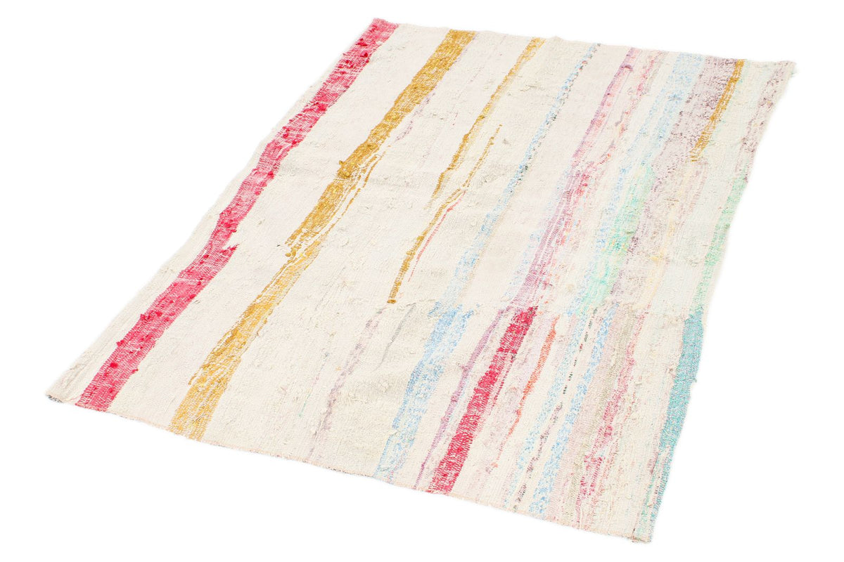 4x5 White and Multicolor Turkish Tribal Rug