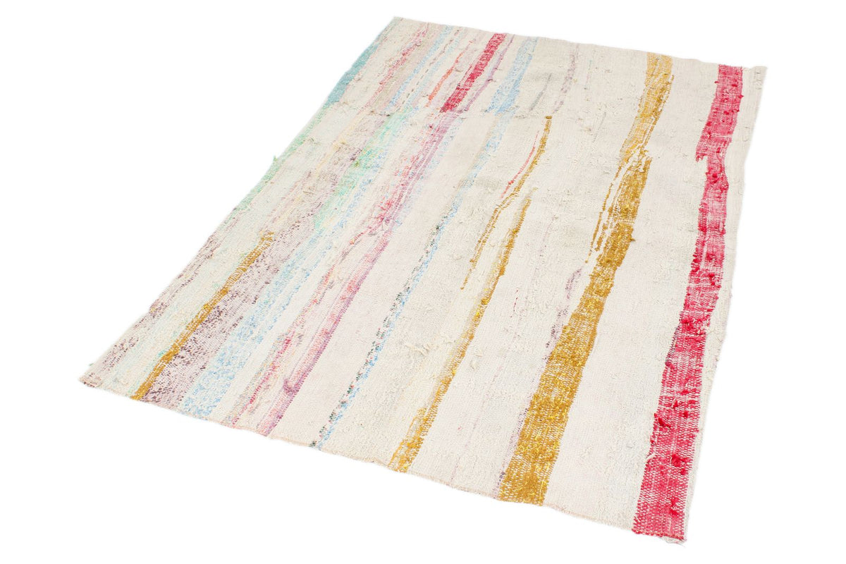 4x5 White and Multicolor Turkish Tribal Rug