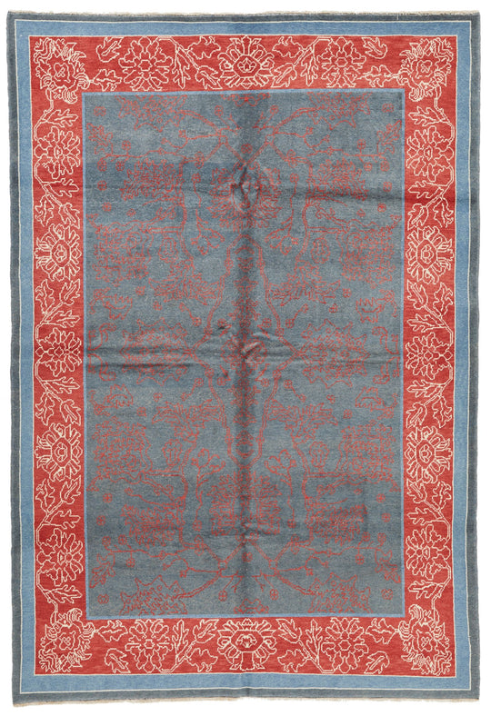 6x9 Blue and Red Turkish Oushak Rug