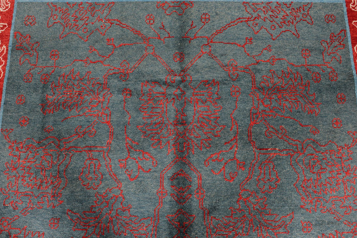 6x9 Blue and Red Turkish Oushak Rug