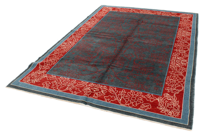 6x9 Blue and Red Turkish Oushak Rug