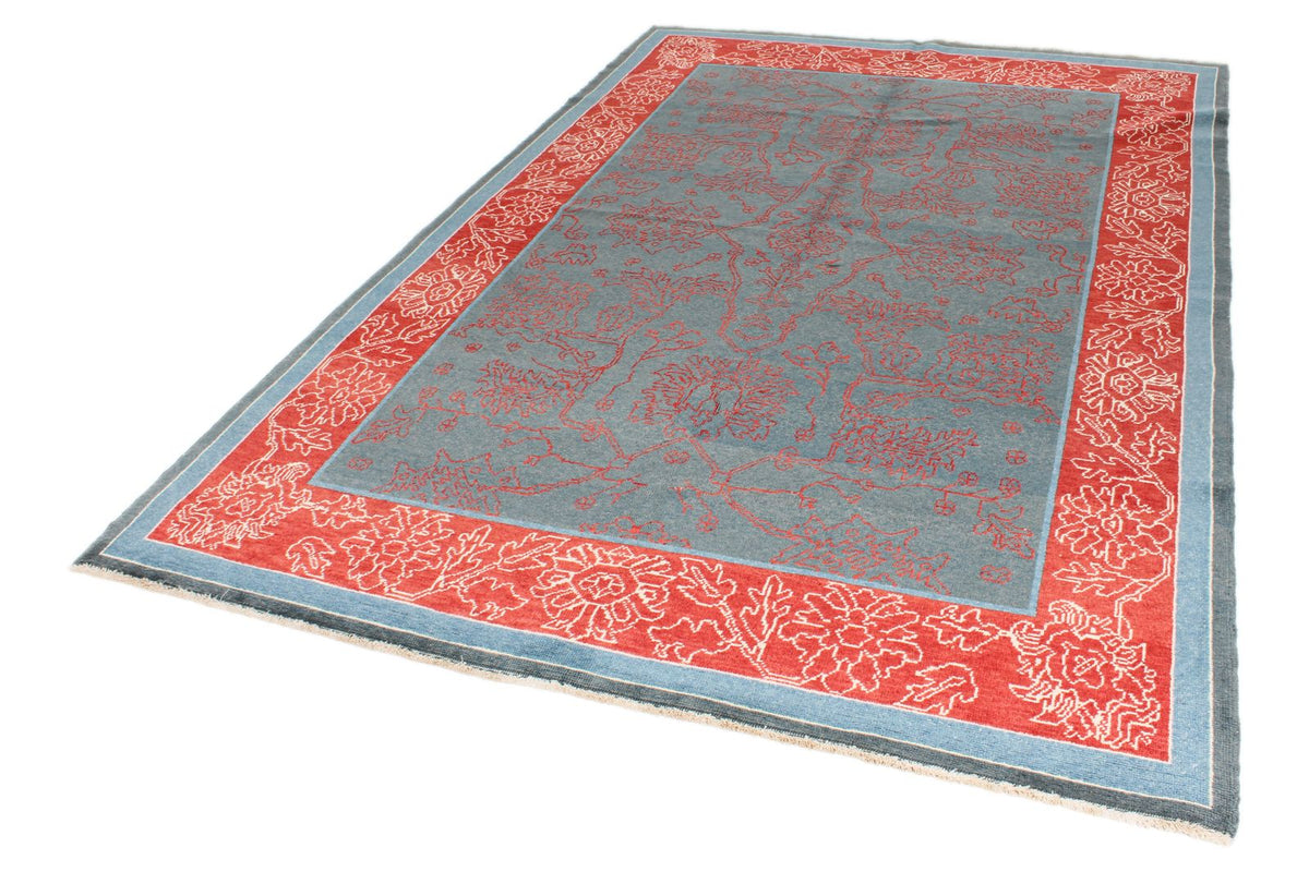 6x9 Blue and Red Turkish Oushak Rug