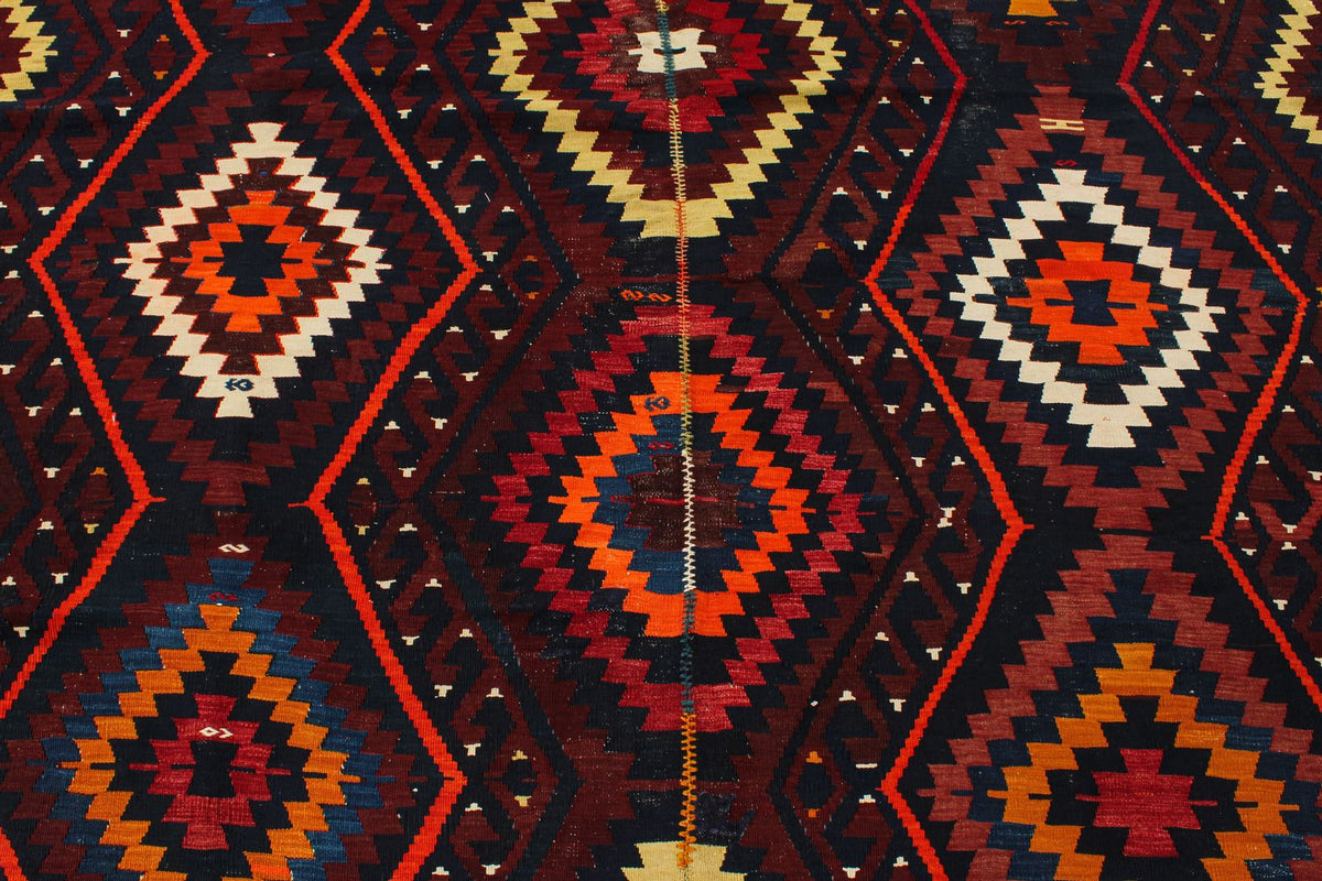 7x9 Burgundy and Multicolor Turkish Tribal Rug