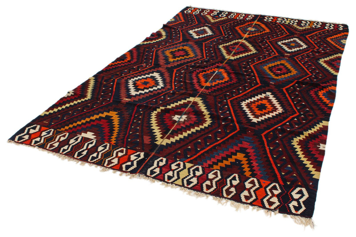 7x9 Burgundy and Multicolor Turkish Tribal Rug