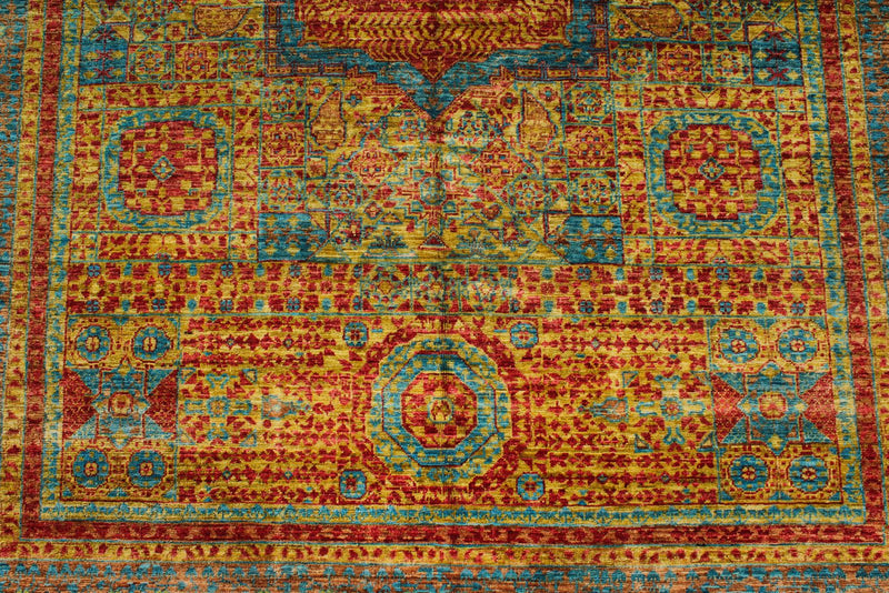 6x8 Gold and Multicolor Turkish Tribal Rug