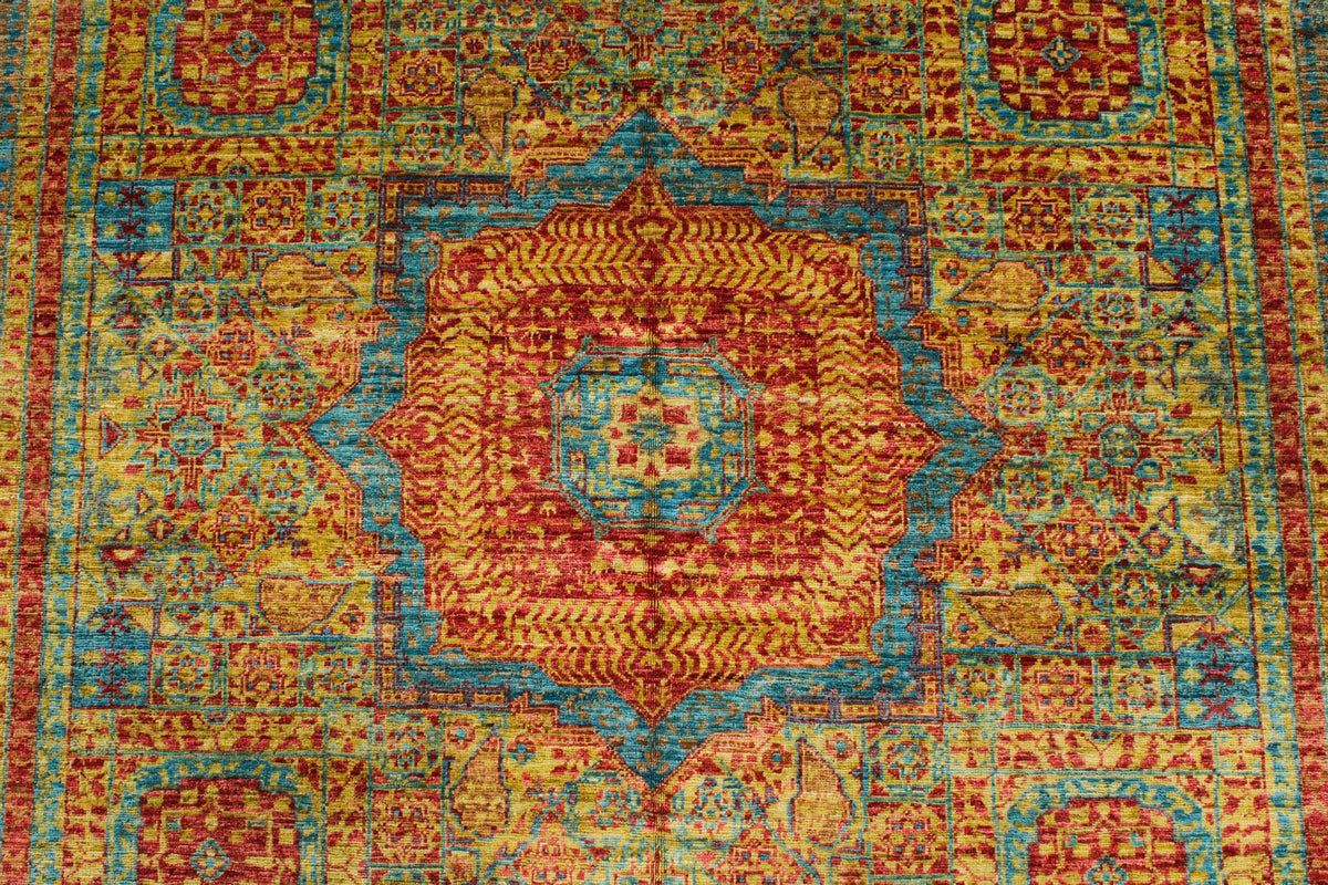 6x8 Gold and Multicolor Turkish Tribal Rug