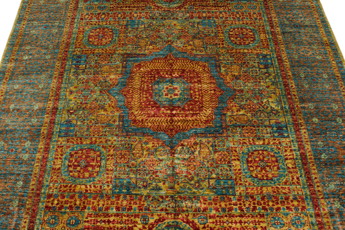 6x8 Gold and Multicolor Turkish Tribal Rug
