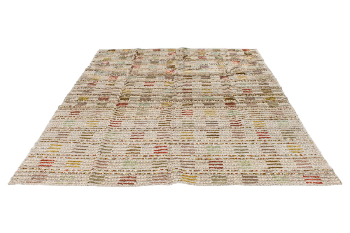7x10 Ivory and Multicolor Turkish Tribal Rug