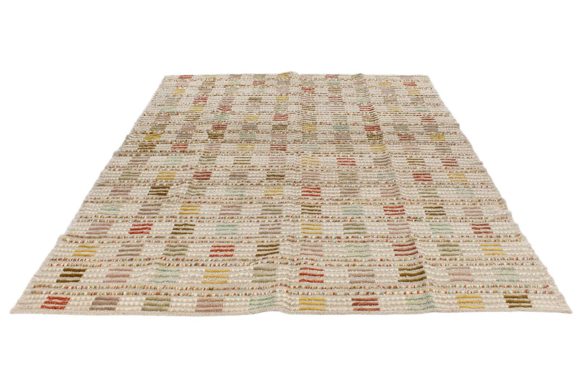 7x10 Ivory and Multicolor Turkish Tribal Rug
