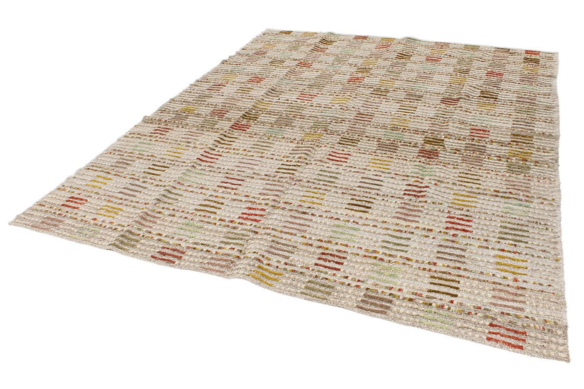 7x10 Ivory and Multicolor Turkish Tribal Rug